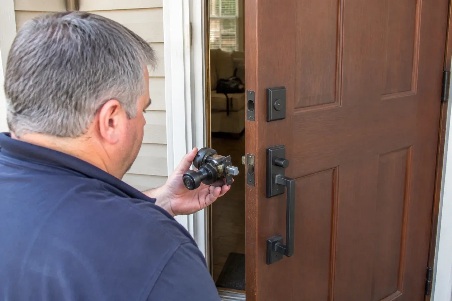 Person holding a removed black lock assembly beside a partly open brown front door with a long black pull handle. — Home Lockout Service, Cambridge