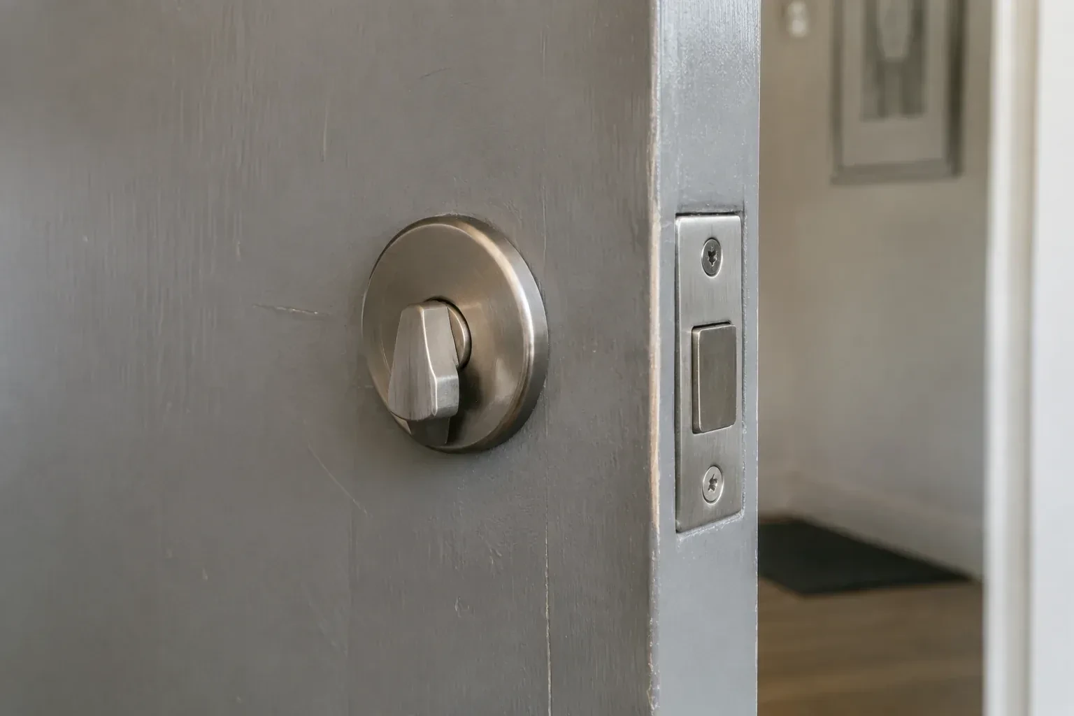 Close view of a satin-nickel deadbolt thumbturn and edge faceplate on a painted timber door. — Deadbolt Installation, Cambridge