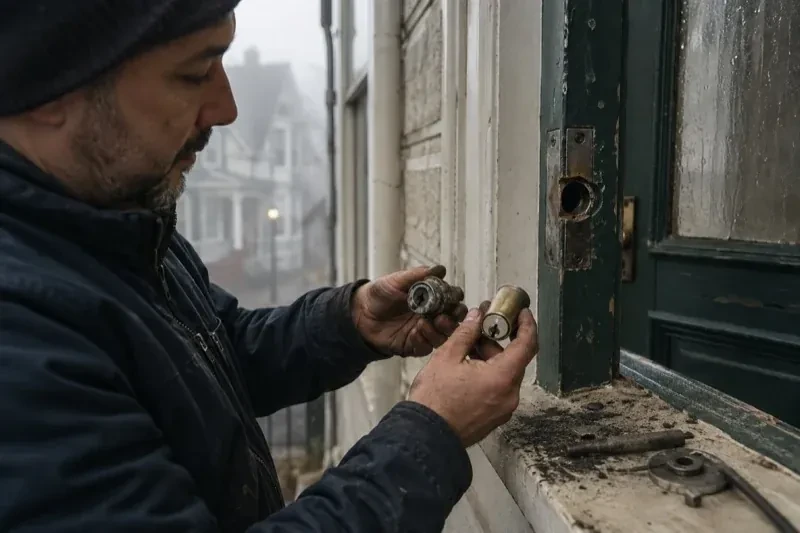 Person holding two lock cylinders beside an open painted door, with loose hardware and debris on the sill. — Seized & Jammed Lock Opening, Cambridge