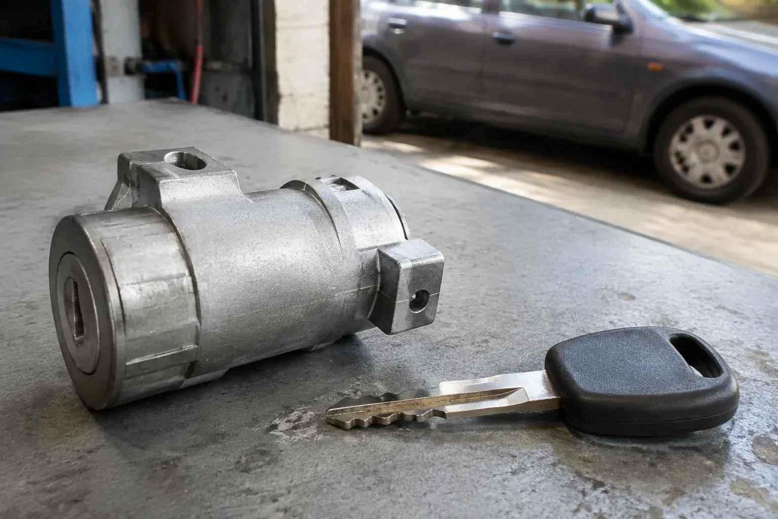 Detached cylindrical lock housing and black-headed key on an automotive workbench. — Ignition Lock Repair, Cambridge