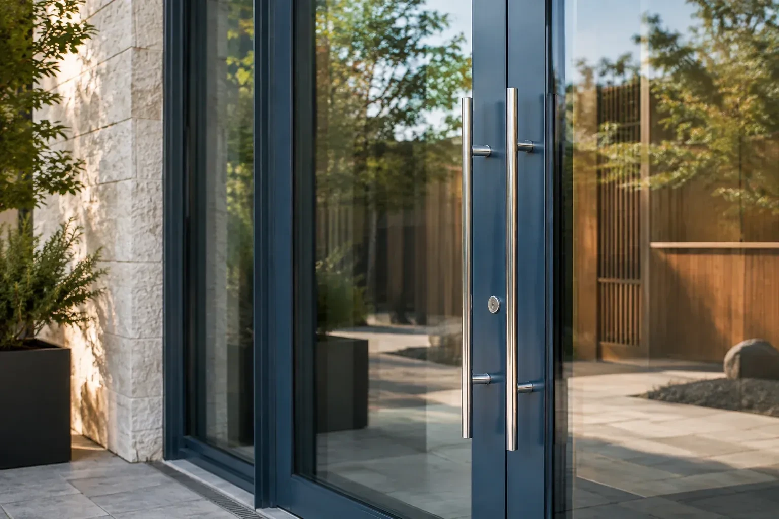 Dark-framed glass entrance doors with long silver-colored vertical pull handles and a round keyhole. — Business Lockout Service, Cambridge