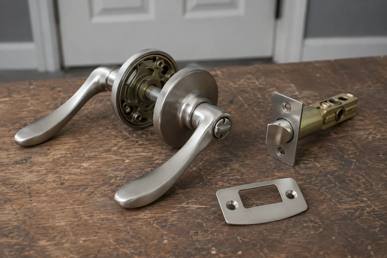 Detached satin-nickel lever hardware, tubular latch and strike plate on a wooden workbench. — Lock Replacement & Upgrade, Cambridge