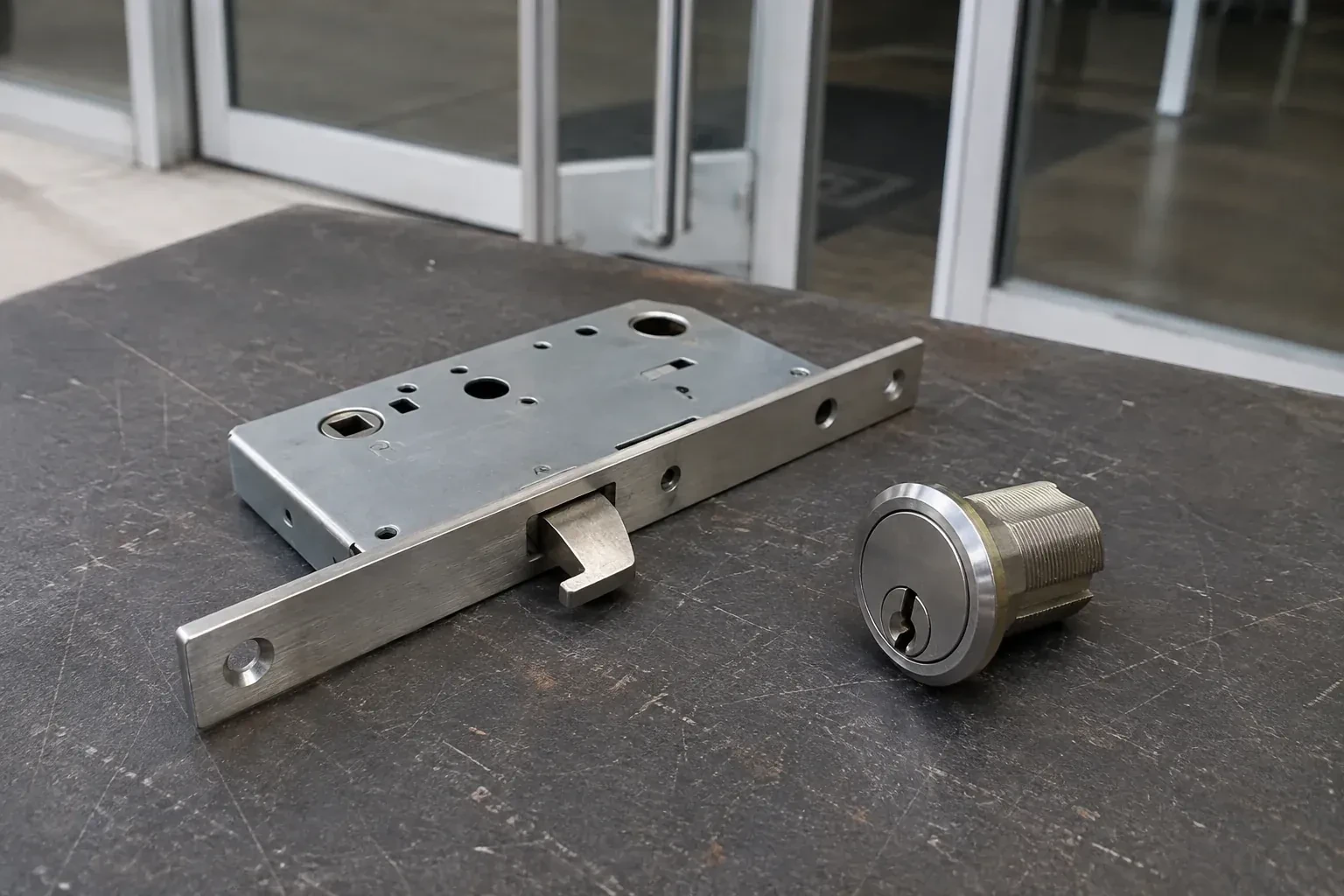 Detached mortise lock body with a projecting hook-shaped bolt beside a threaded cylinder. — Commercial-Grade Lock Replacement, Cambridge