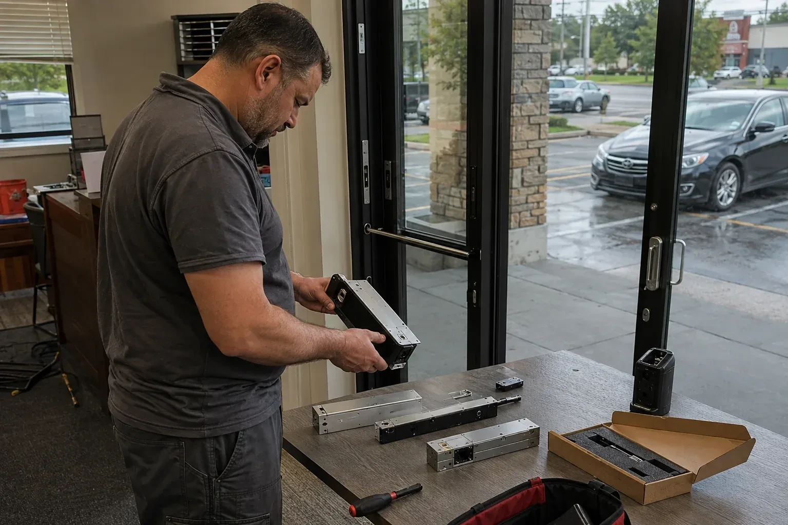 Person holding a rectangular door-hardware housing at a table with additional metal assemblies beside a glass entrance. — Access Control Installation, Cambridge