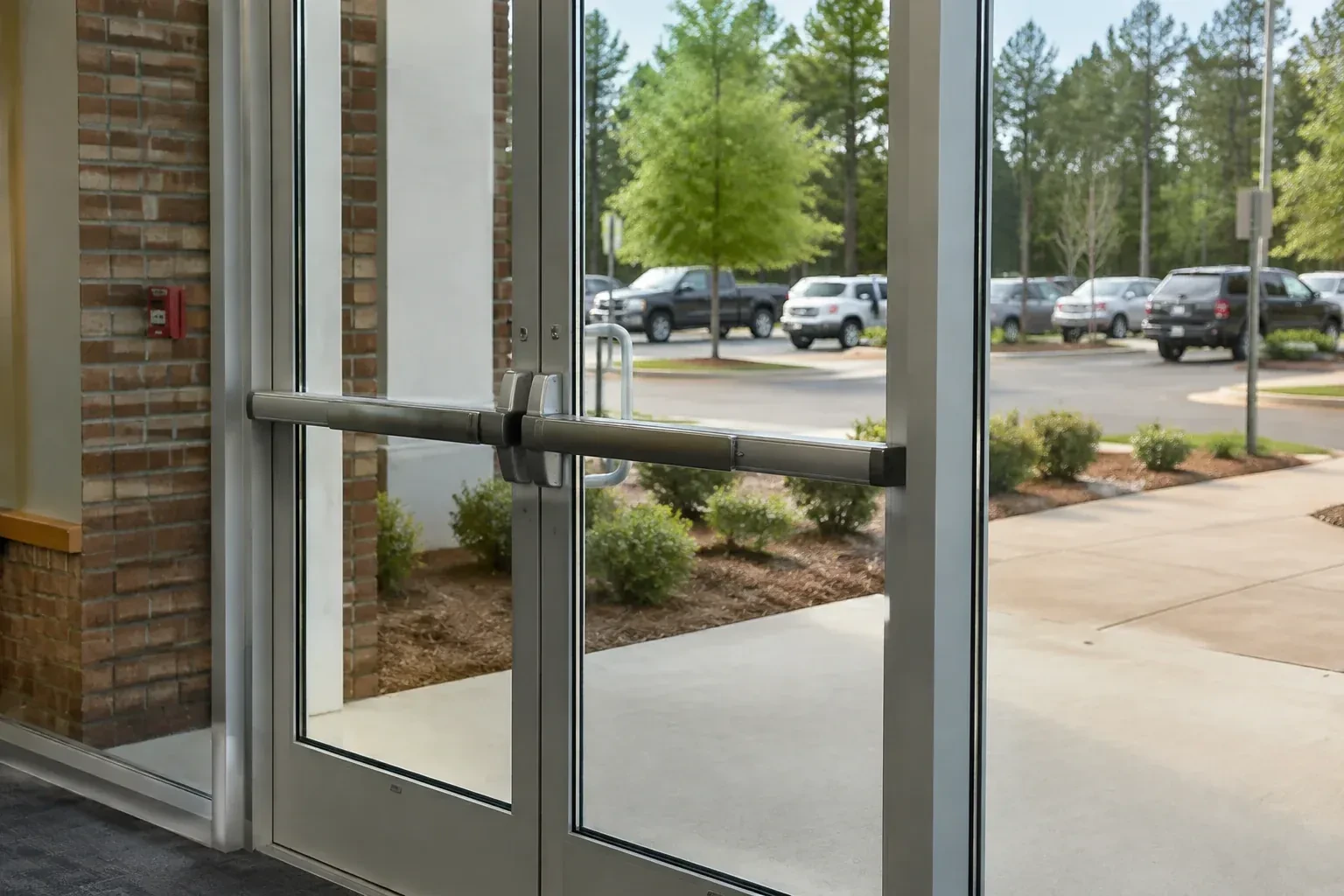 Double glass doors in metal frames with a horizontal push bar, beside a brick wall, with a parking lot and trees outside. — Cambridge