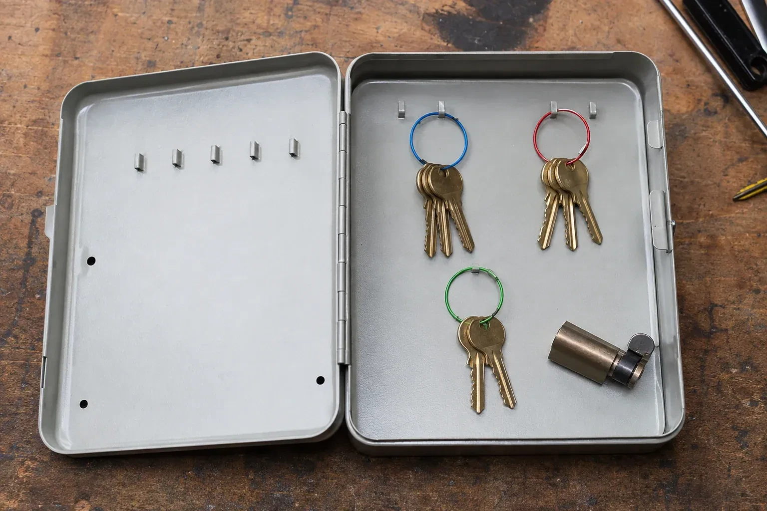 Three groups of keys on colored rings in an open metal key cabinet. — Master Key System Design, Cambridge