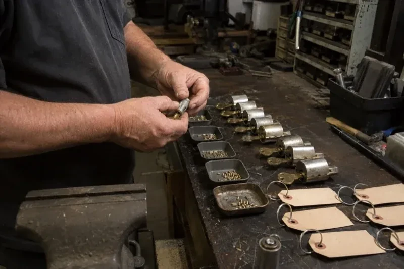 Person handling a lock cylinder at a workbench lined with cylinders, keys, small pin trays and blank key tags. — Commercial Rekeying, Cambridge