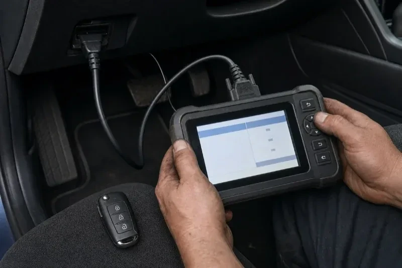 Hands holding a diagnostic tablet connected beneath a car dashboard, with a key fob resting on the person’s leg. — Key Fob Programming, Cambridge