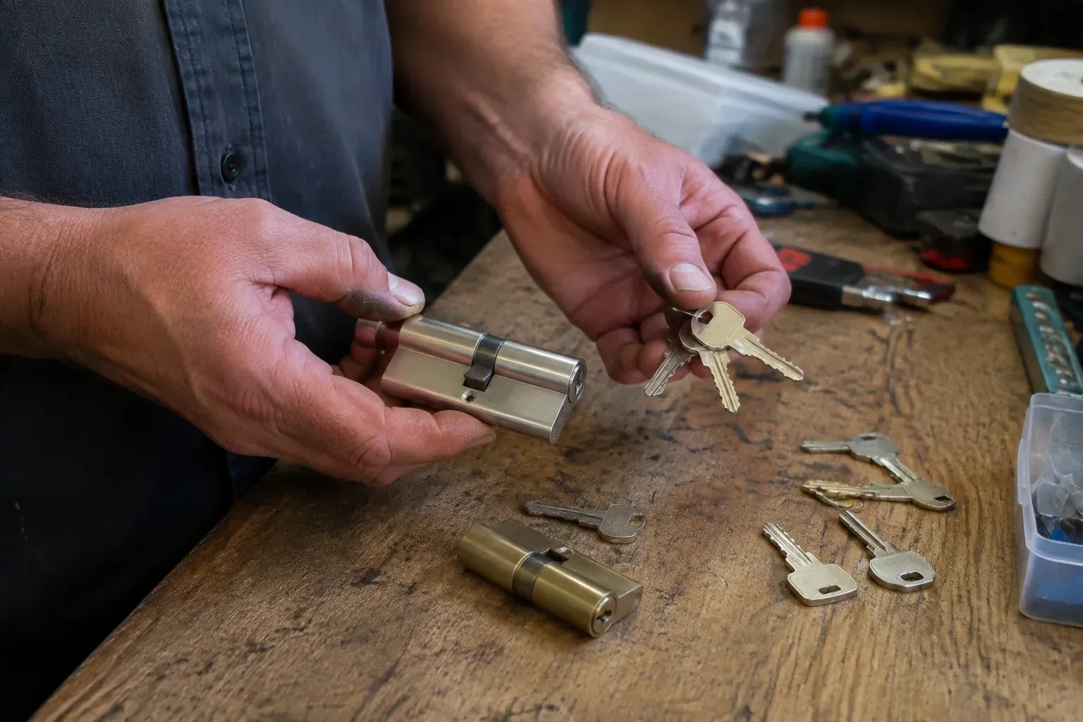 Hands holding a lock cylinder and a ring of keys above a worn workbench with another cylinder and loose keys. — Lock Rekeying, Cambridge