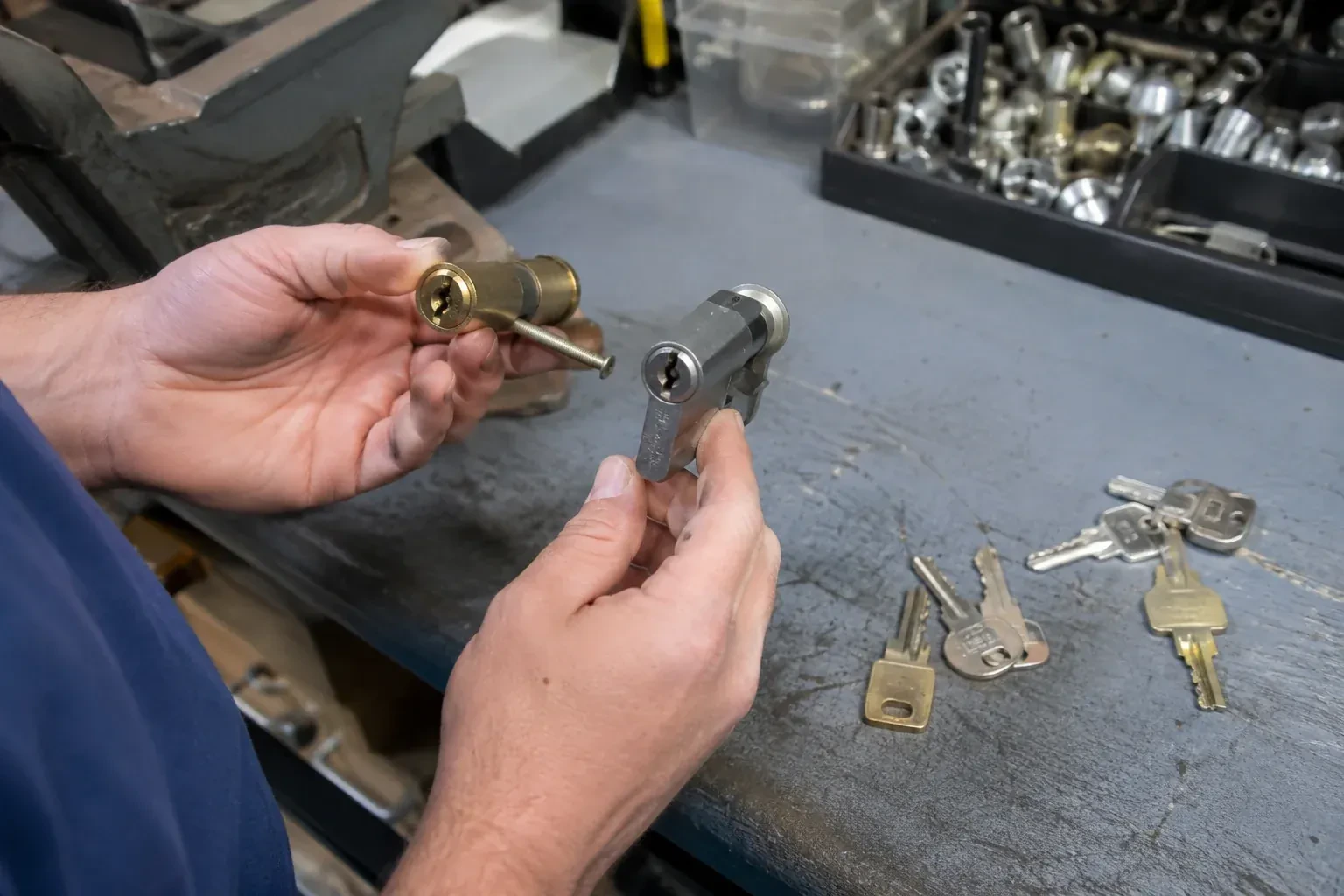 Hands comparing detached lock cylinders beside loose keys on a workbench. — Broken Key Extraction, Cambridge