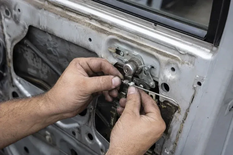 Hands holding a small linkage beside an exposed car-door lock mechanism with the interior trim removed. — Vehicle Lock Repair, Cambridge