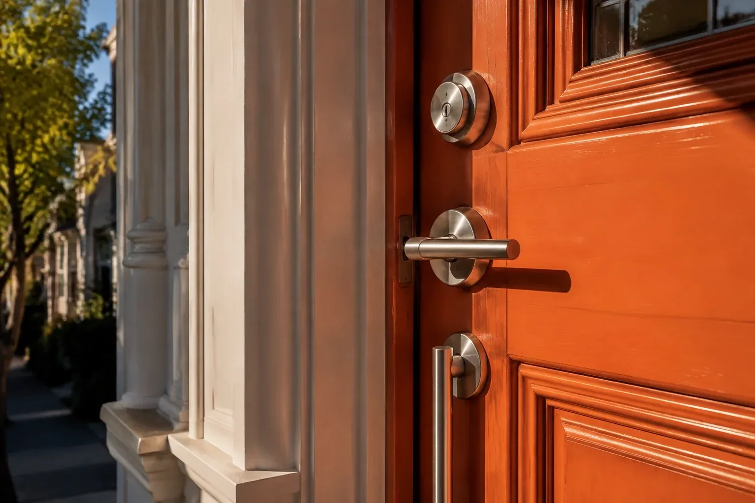 Steel deadbolt, lever handle and vertical pull bar on a bright orange paneled front door beside a white painted frame in sunlight. — Blair