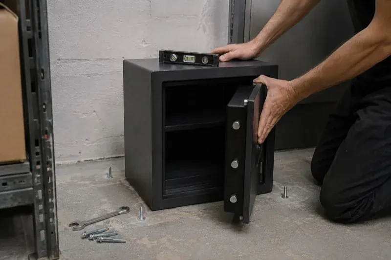 Person kneeling beside an open black safe with a spirit level on top and loose bolts and a wrench on the concrete floor. — Safe Installation & Servicing, Cambridge