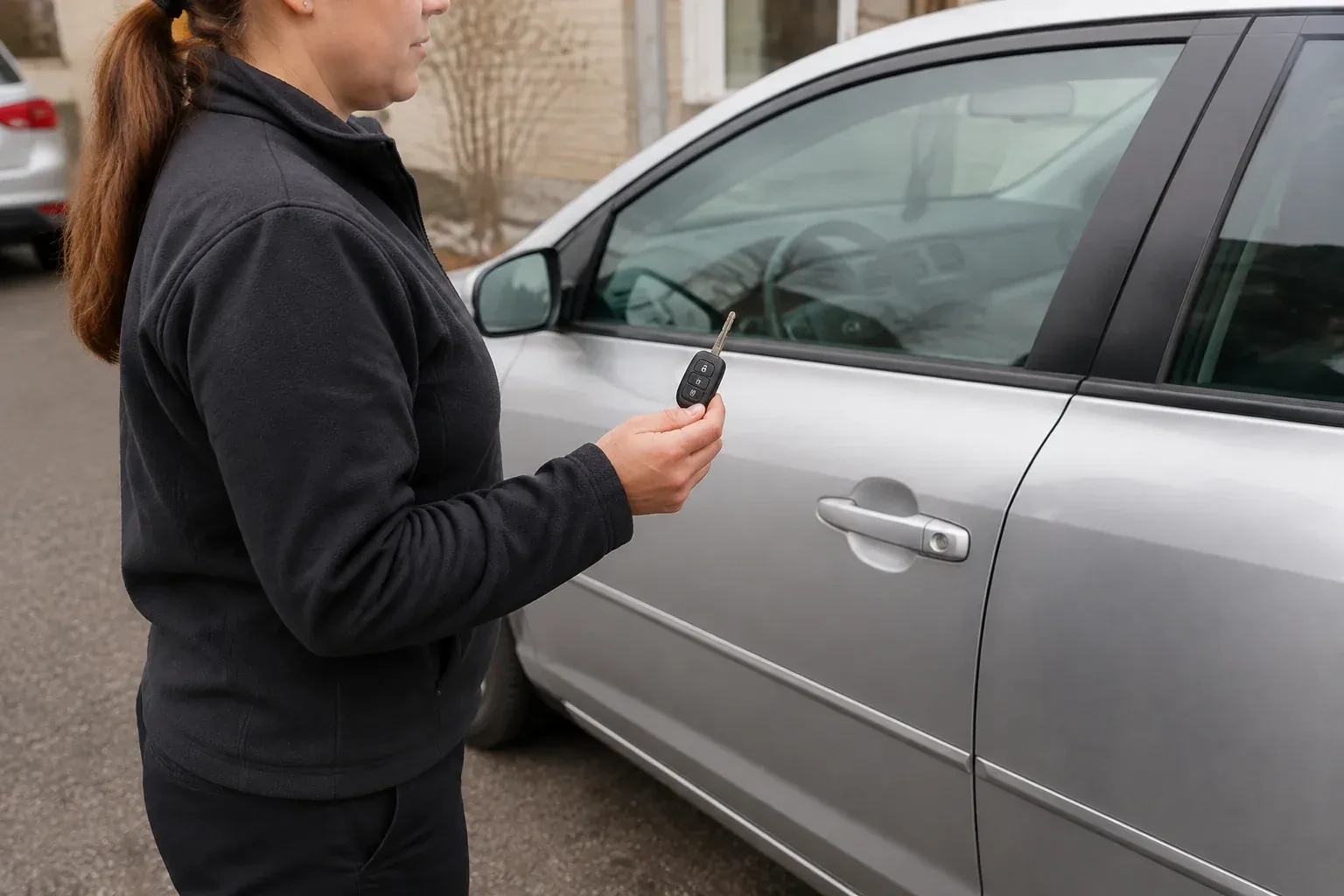Technician holding a remote key with an extended blade beside a silver car. — Car Key Replacement, Cambridge