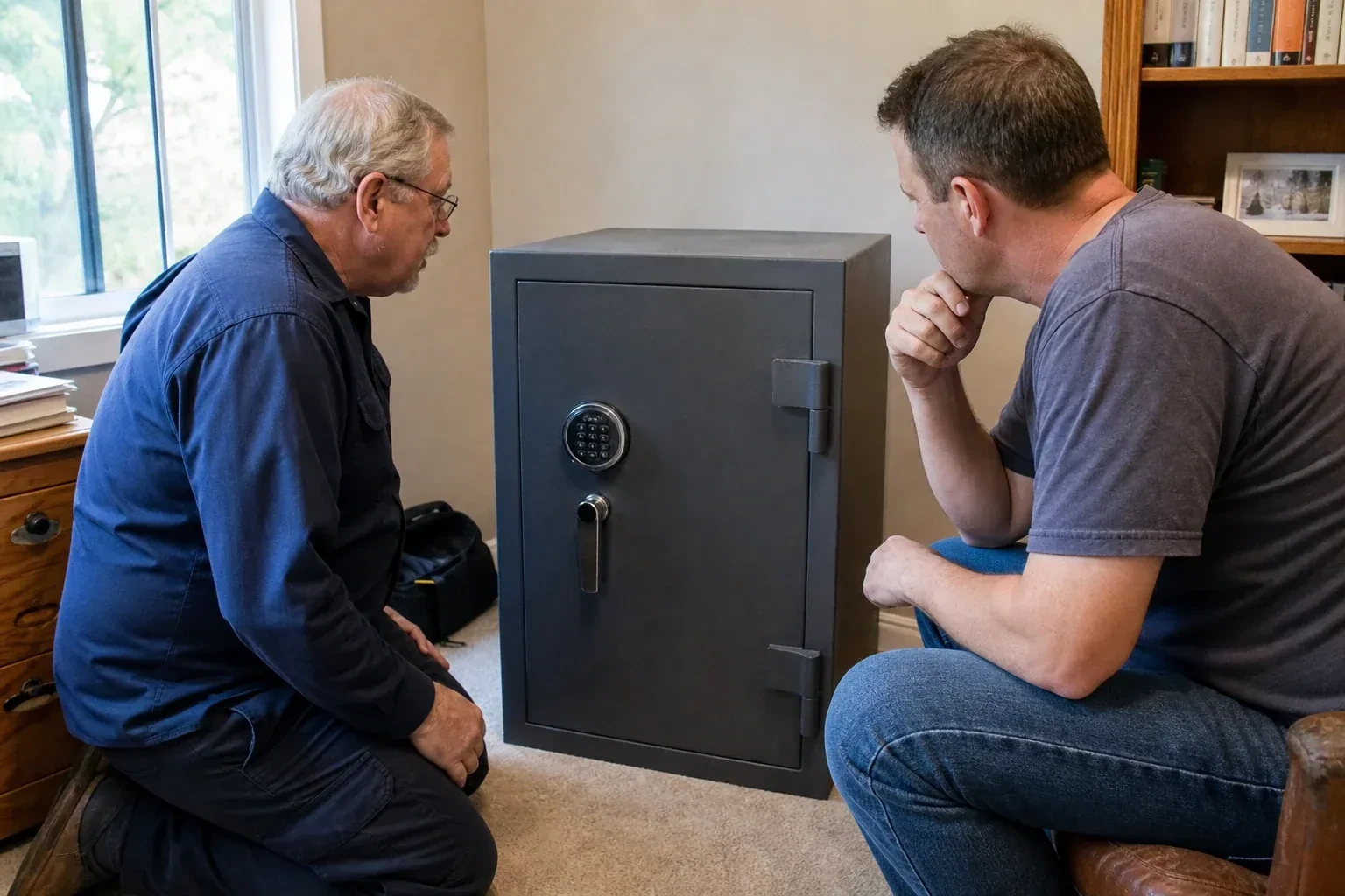 Two adults discussing a closed keypad safe in a home study. — Safe Opening & Combination Change, Cambridge