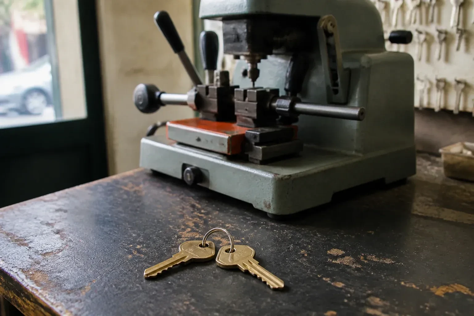 Two brass house keys on a ring resting on a workshop counter. — Spare Car Key Duplication, Cambridge