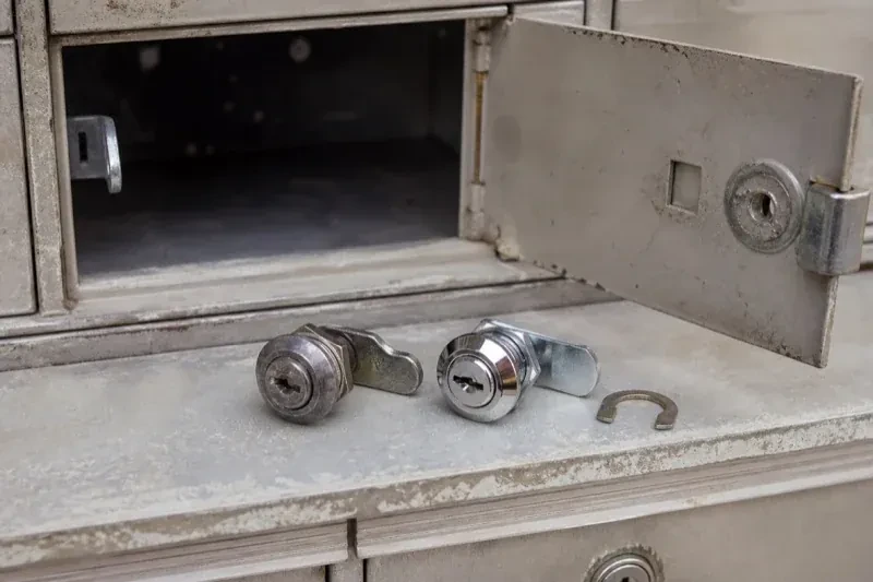 Two loose cam locks and a retaining clip resting below an open metal mailbox compartment. — Mailbox Lock Replacement, Cambridge